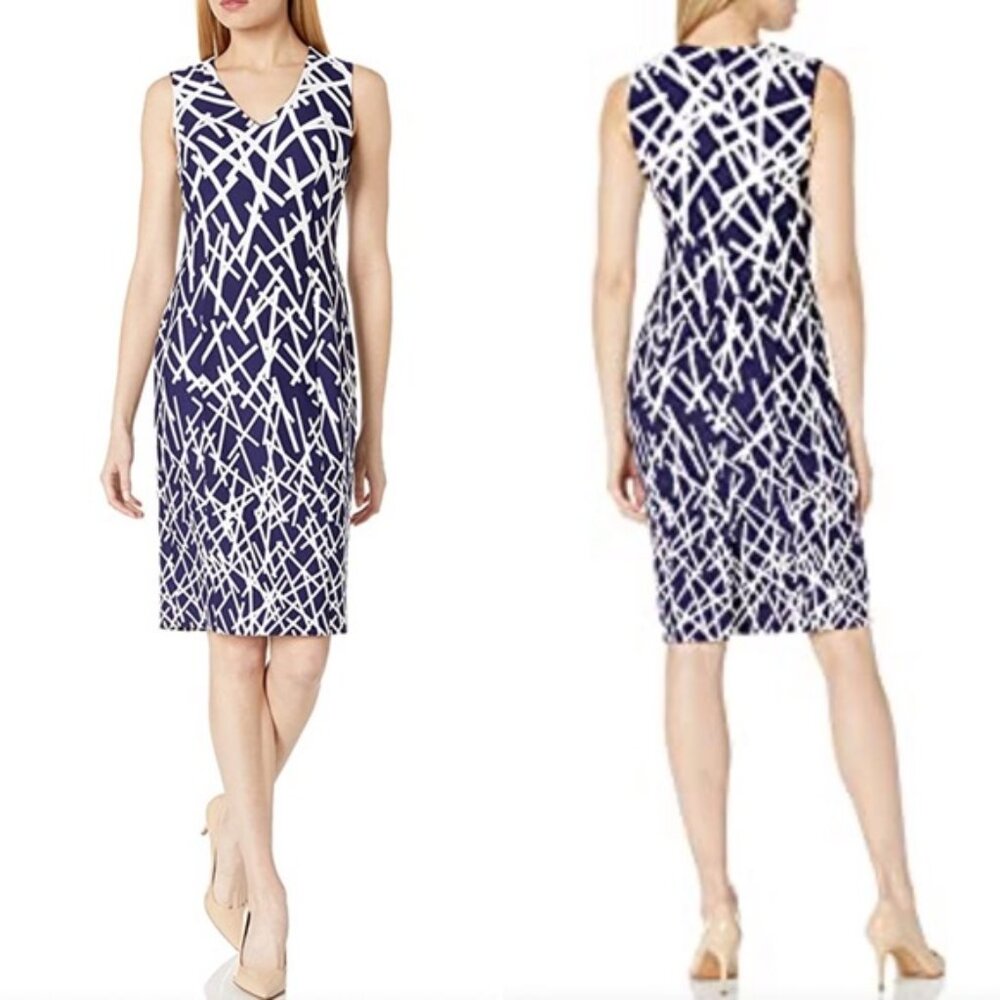 Adrianna Papell Navy and White sleeveless geometric print shift dress size 8